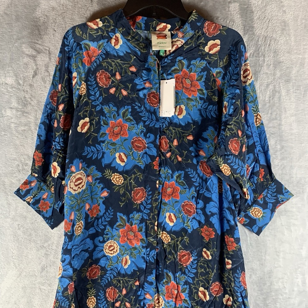 Farm Rio Women's Dress XL Arabesque Floral Blue Maxi Button Shirt‎ 3/4 Sleeve - Picture 7 of 15